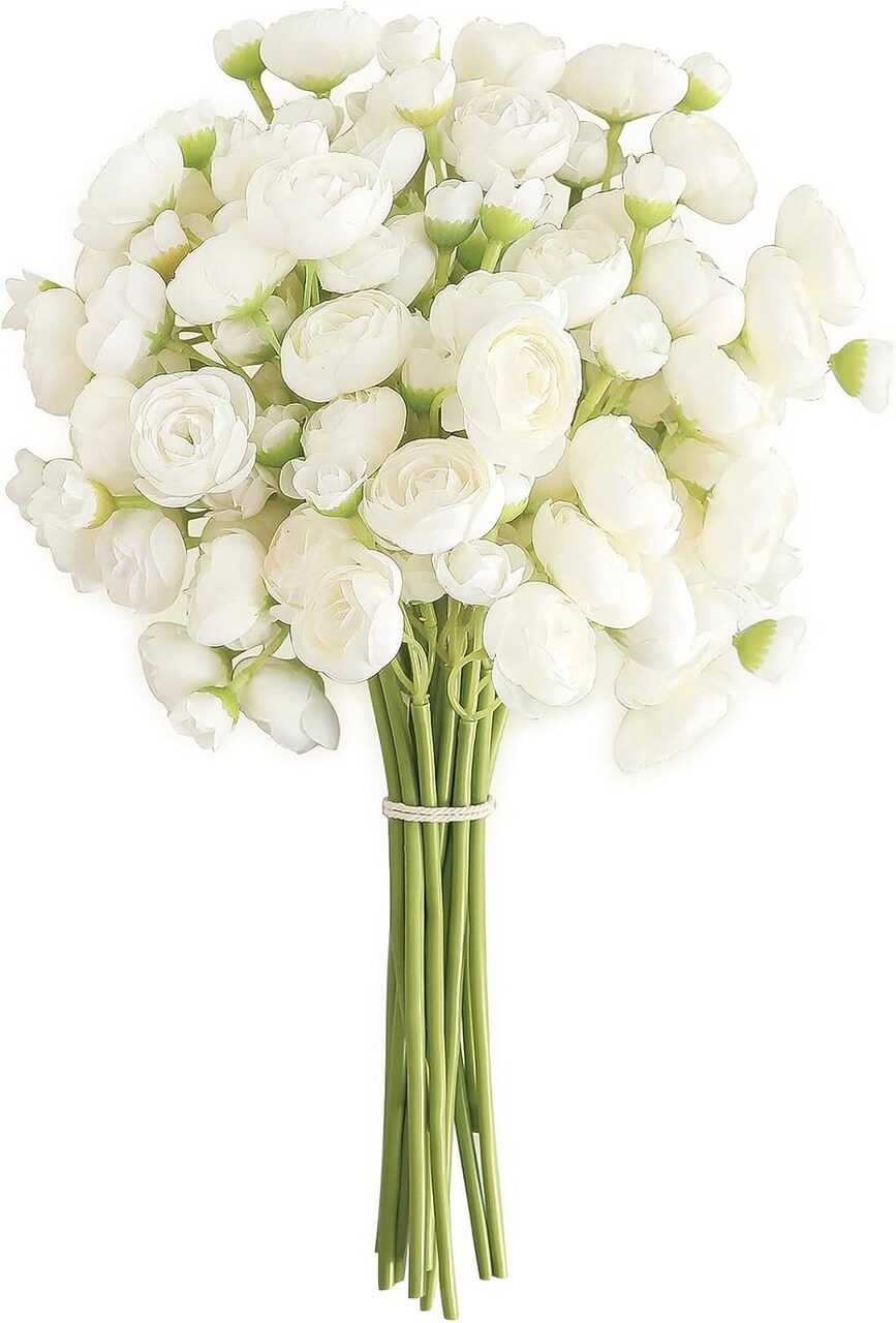 18-Piece Ivory Artificial Ranunculus Flowers with Stems – Faux Silk Mini Ranunculus Bouquet Fillers for DIY Floral Arrangements, Wedding Bouquets, Centerpieces & Bridal Shower Decorations